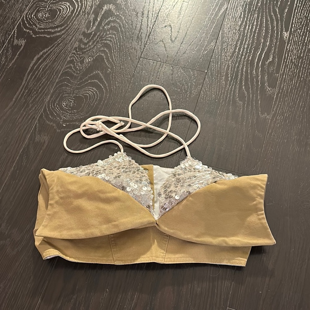 Sequin Embellished Tan Crop Top